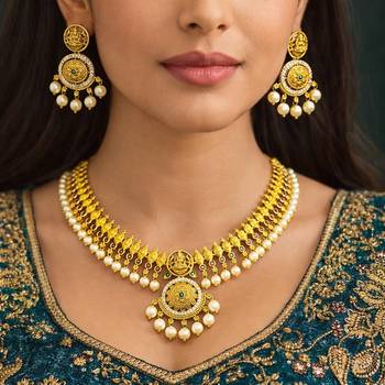 Antique Gold Temple Jewelry Set: Lakshmi Choker, Pearl Earrings, South Indian Bridal Necklace 1