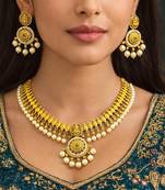 Antique Gold Temple Jewelry Set: Lakshmi Choker, Pearl Earrings, South Indian Bridal Necklace
