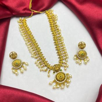 Antique Gold Temple Jewelry Set: Lakshmi Choker, Pearl Earrings, South Indian Bridal Necklace 2