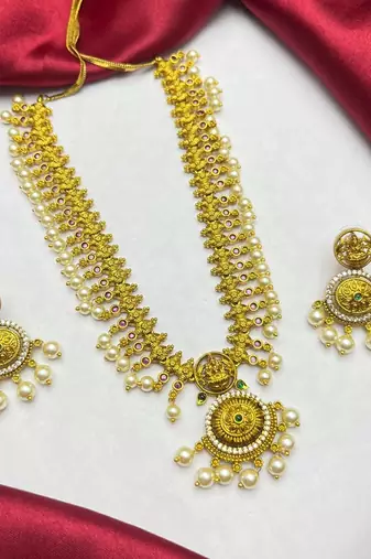 Antique Gold Temple Jewelry Set: Lakshmi Choker, Pearl Earrings, South Indian Bridal Necklace