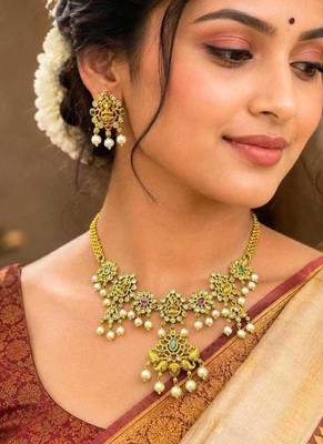 South Indian Lakshmi Temple Jewelry Set | Antique Gold Finish Pearl Necklace Earrings 1