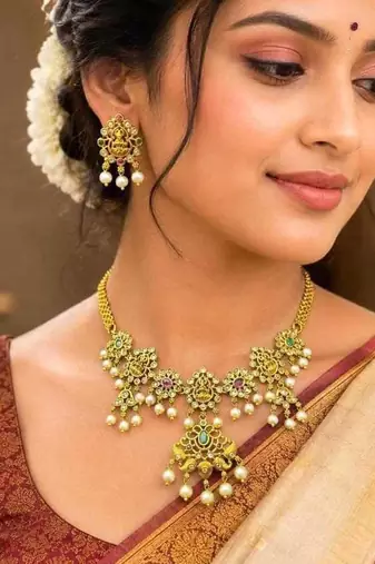 South Indian Lakshmi Temple Jewelry Set | Antique Gold Finish Pearl Necklace Earrings