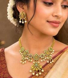 South Indian Lakshmi Temple Jewelry Set | Antique Gold Finish Pearl Necklace Earrings