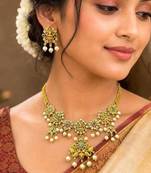 South Indian Lakshmi Temple Jewelry Set | Antique Gold Finish Pearl Necklace Earrings