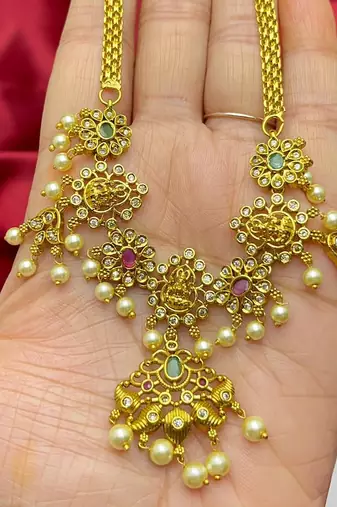 South Indian Lakshmi Temple Jewelry Set | Antique Gold Finish Pearl Necklace Earrings