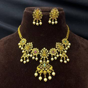 South Indian Lakshmi Temple Jewelry Set | Antique Gold Finish Pearl Necklace Earrings 3