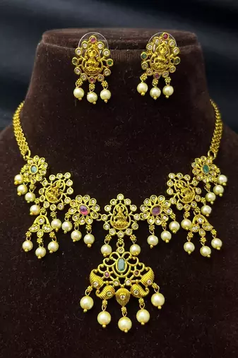 South Indian Lakshmi Temple Jewelry Set | Antique Gold Finish Pearl Necklace Earrings
