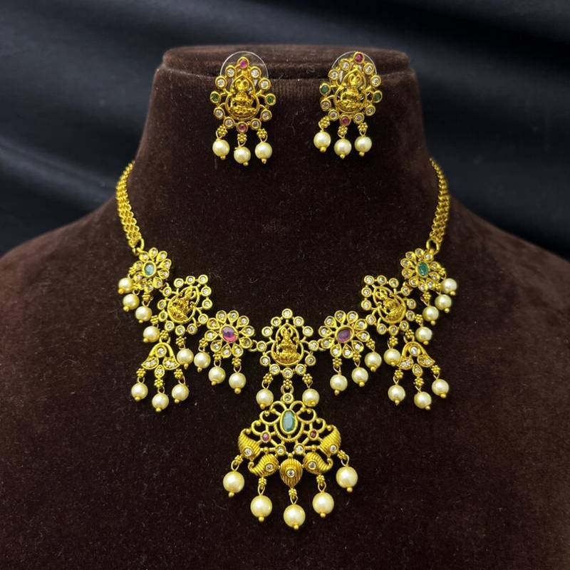 South Indian Lakshmi Temple Jewelry Set | Antique Gold Finish Pearl Necklace Earrings