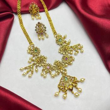 South Indian Lakshmi Temple Jewelry Set | Antique Gold Finish Pearl Necklace Earrings 4
