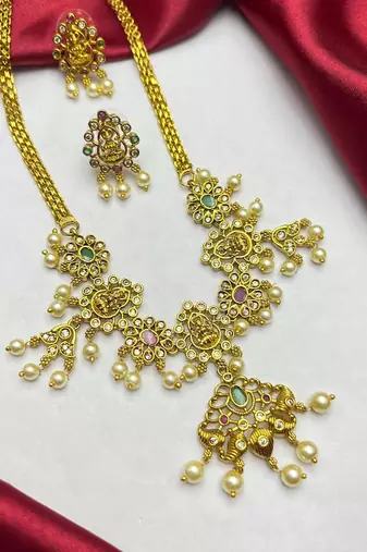 South Indian Lakshmi Temple Jewelry Set | Antique Gold Finish Pearl Necklace Earrings