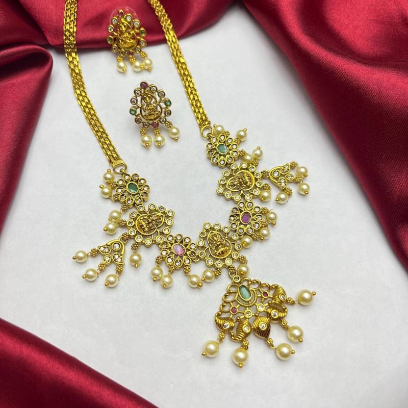 South Indian Lakshmi Temple Jewelry Set | Antique Gold Finish Pearl Necklace Earrings