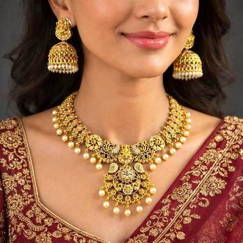 South Indian Lakshmi Temple Necklace Set, Antique Gold CZ Bridal Jewelry 1