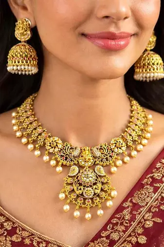 South Indian Lakshmi Temple Necklace Set, Antique Gold CZ Bridal Jewelry