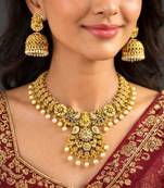 South Indian Lakshmi Temple Necklace Set, Antique Gold CZ Bridal Jewelry