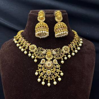 South Indian Lakshmi Temple Necklace Set, Antique Gold CZ Bridal Jewelry 2