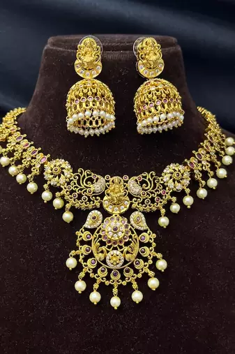 South Indian Lakshmi Temple Necklace Set, Antique Gold CZ Bridal Jewelry