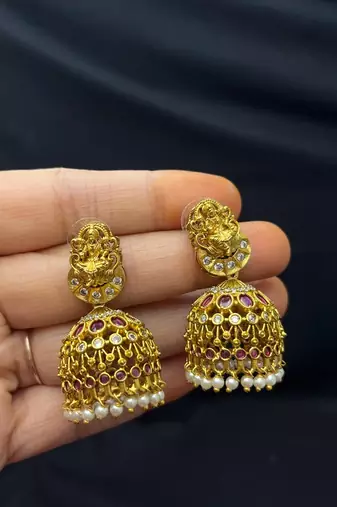 South Indian Lakshmi Temple Necklace Set, Antique Gold CZ Bridal Jewelry
