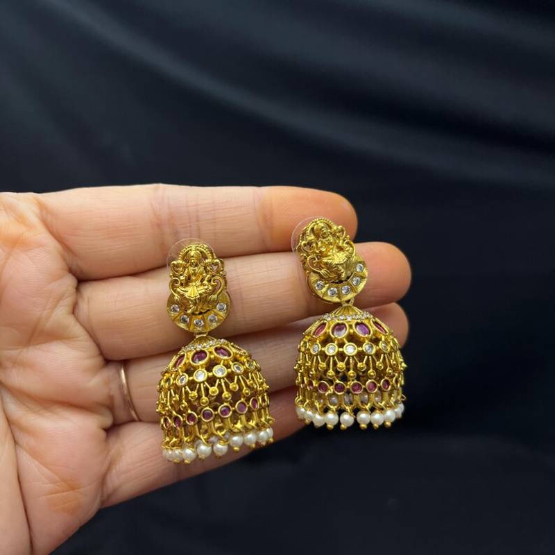 South Indian Lakshmi Temple Necklace Set, Antique Gold CZ Bridal Jewelry