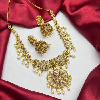 South Indian Lakshmi Temple Necklace Set, Antique Gold CZ Bridal Jewelry 4