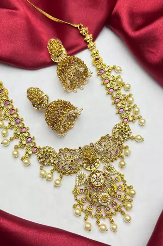 South Indian Lakshmi Temple Necklace Set, Antique Gold CZ Bridal Jewelry
