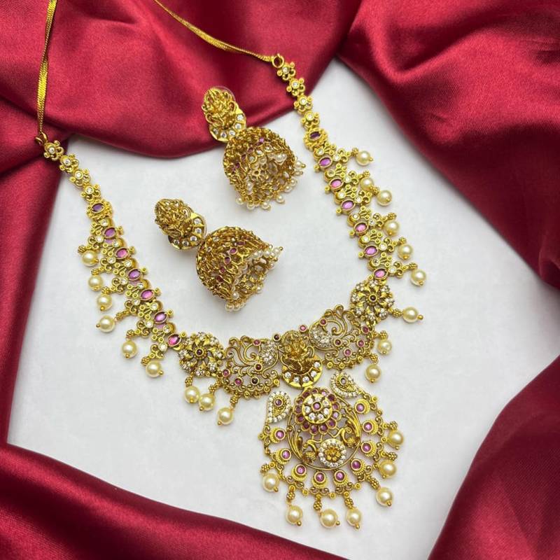 South Indian Lakshmi Temple Necklace Set, Antique Gold CZ Bridal Jewelry
