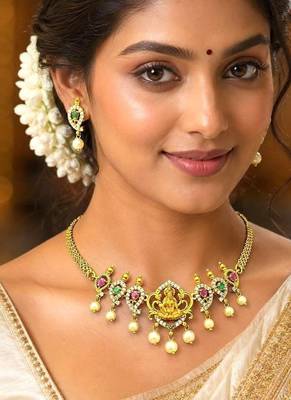 South Indian Temple Necklace Set, Gold Tone CZ Lakshmi Bridal Jewelry 1