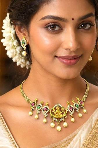 South Indian Temple Necklace Set, Gold Tone CZ Lakshmi Bridal Jewelry
