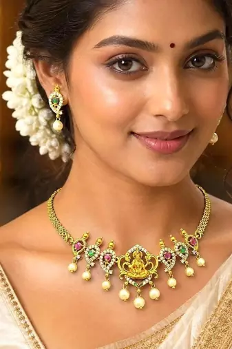 South Indian Temple Necklace Set, Gold Tone CZ Lakshmi Bridal Jewelry