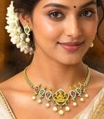 South Indian Temple Necklace Set, Gold Tone CZ Lakshmi Bridal Jewelry