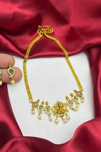 South Indian Temple Necklace Set, Gold Tone CZ Lakshmi Bridal Jewelry