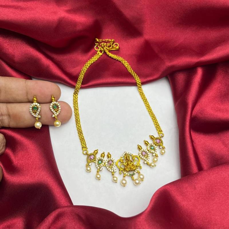 South Indian Temple Necklace Set, Gold Tone CZ Lakshmi Bridal Jewelry