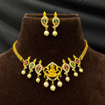 South Indian Temple Necklace Set, Gold Tone CZ Lakshmi Bridal Jewelry 3