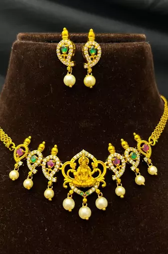 South Indian Temple Necklace Set, Gold Tone CZ Lakshmi Bridal Jewelry