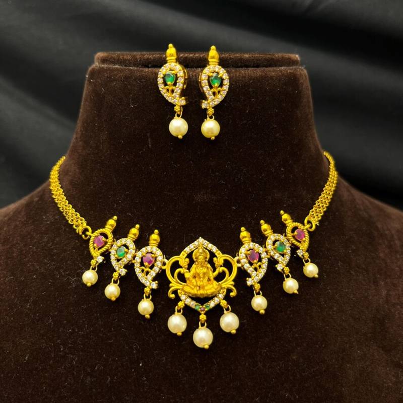 South Indian Temple Necklace Set, Gold Tone CZ Lakshmi Bridal Jewelry