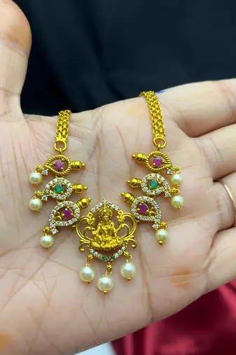 South Indian Temple Necklace Set, Gold Tone CZ Lakshmi Bridal Jewelry