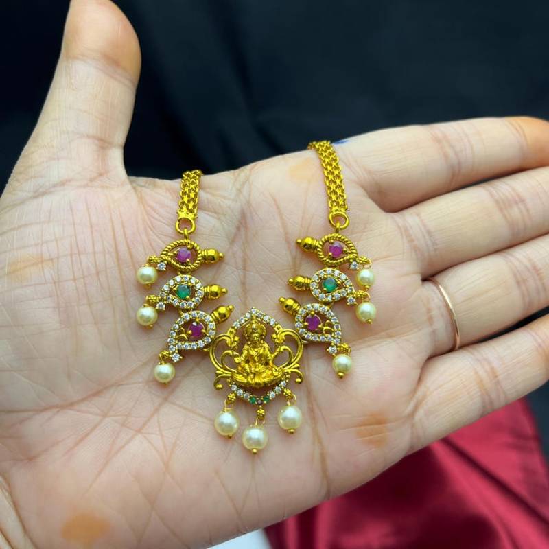 South Indian Temple Necklace Set, Gold Tone CZ Lakshmi Bridal Jewelry