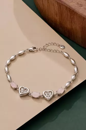 925 silver pink heart & rose quartz bracelet for women