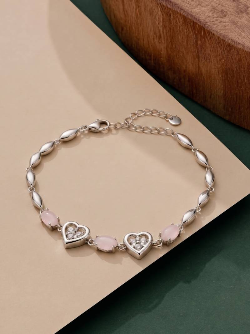 925 silver pink heart & rose quartz bracelet for women