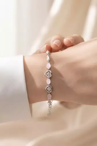 925 silver pink heart & rose quartz bracelet for women