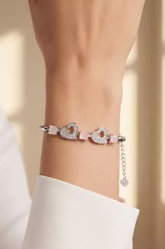 925 silver pink crystal double heart bracelet for women