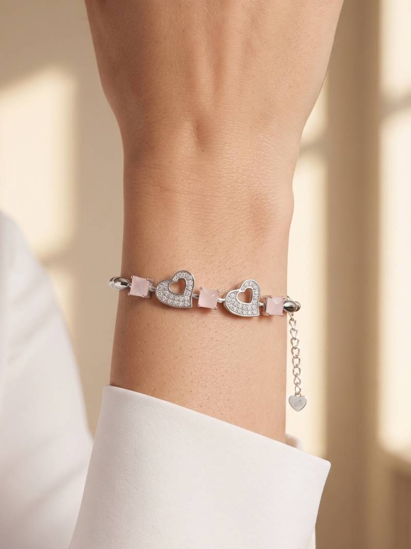 925 silver pink crystal double heart bracelet for women