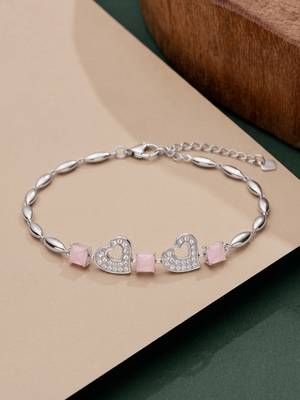 925 silver pink crystal double heart bracelet for women 3