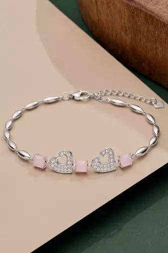 925 silver pink crystal double heart bracelet for women