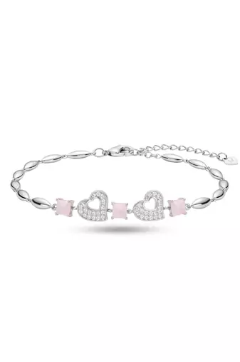 925 silver pink crystal double heart bracelet for women