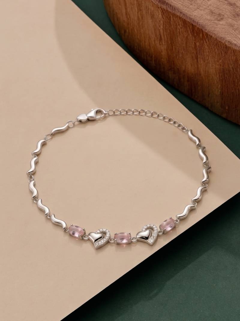 925 silver pink gemstone open heart bracelet for women