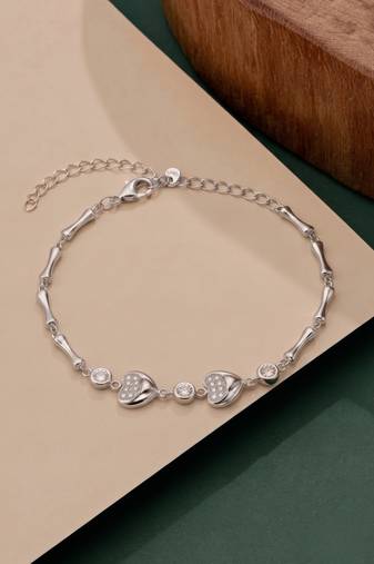 925 silver double heart & crystal link bracelet for women