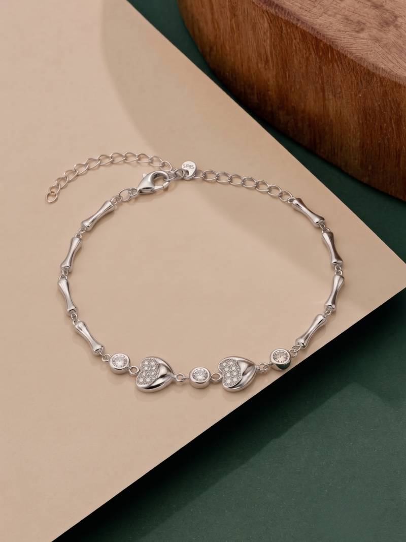 925 silver double heart & crystal link bracelet for women