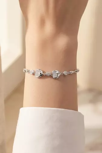 925 silver double heart & crystal link bracelet for women