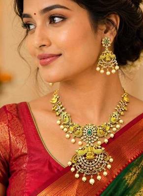 South Indian Temple Jewelry Set, Lakshmi Necklace, Peacock CZ Pearl Bridal Set 1