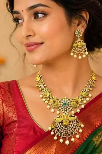 South Indian Temple Jewelry Set, Lakshmi Necklace, Peacock CZ Pearl Bridal Set